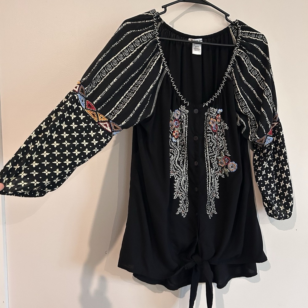 Boho Beaded Embroidered Blouse Sz M Black Fairy Grunge Buttons